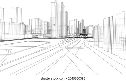 El paisaje urbano vectorial 3d. Edificios y carreteras. Concepto arquitectónico. Representación vectorial de 3d