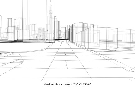 Vector 3d urban landscape. Buildings and roads. Architectural concept. Vector rendering of 3d