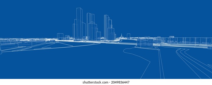 Vector 3d urban landscape. Buildings and roads. Architectural concept. Vector rendering of 3d