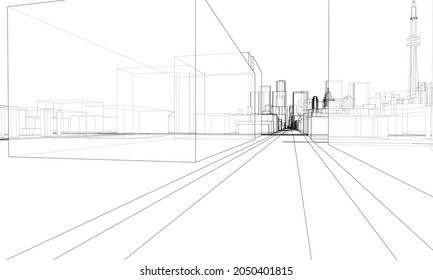 El paisaje urbano vectorial 3d. Edificios y carreteras. Concepto arquitectónico. Representación vectorial de 3d