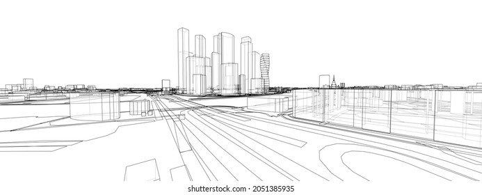 Vector 3d urban landscape. Buildings and roads. Architectural concept. Vector rendering of 3d