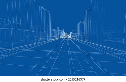 Vektor 3d urbane Landschaft. Gebäude und Straßen. Architektonisches Konzept. Vektorgrafik von 3D