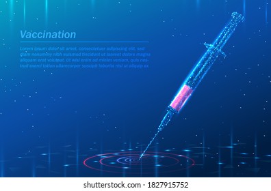 vector 3d vaccine syringe in dark blue. Medicine and technology concept, tech digital low poly background.