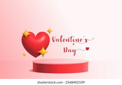 Vector 3D valentine day background, Mockup podium with floating red balloon heart shape and star design