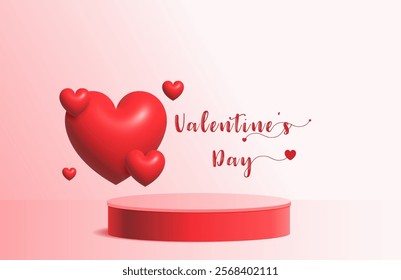 Vector 3D valentine day background, Mockup podium with floating red balloon heart shape design