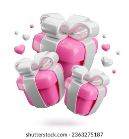 Vector 3d Valentines gifts concept. Cute love pink present boxes with silver ribbon, bow and hearts on white background. Realistic 3d render surprise Valentines day, Mothers Day, Wedding illustration.