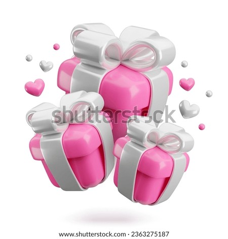 Vector 3d Valentines gifts concept. Cute love pink present boxes with silver ribbon, bow and hearts on white background. Realistic 3d render surprise Valentines day, Mothers Day, Wedding illustration.