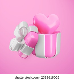 Vector 3d Valentines love gift box concept. Cute pink open present with silver ribbon, bow and heart balloon inside. Realistic 3d render glossy surprise illustration for Valentines day, Mothers Day.