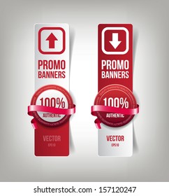 Vector 3d vertical paper banners with round plastic badges and decorative ribbons, red