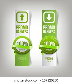 Vector 3d vertical paper banners with round plastic badges and decorative ribbons, green