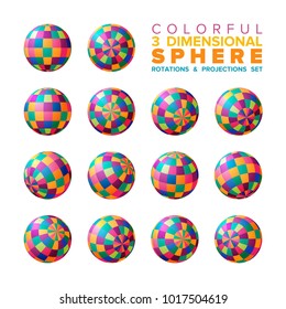 Vector 3d vibrant color checkered sphere rotations and projections set