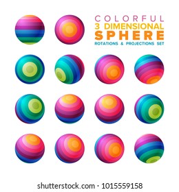 Vector 3d vibrant color striped sphere rotations and projections set