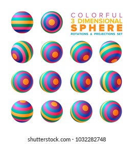 Vector 3d vibrant color striped sphere rotations and projections set