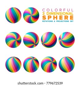 Vector 3d vibrant color striped sphere rotations and projections set