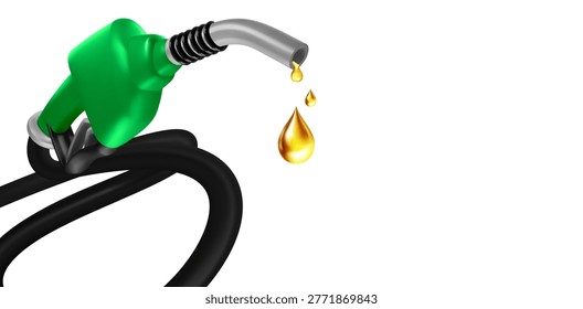 Vector 3D of a vibrant green fuel nozzle with black coiled hose Multiple golden-amber oil droplets cascade from the spout