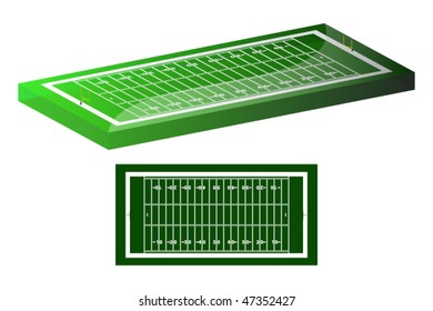 Vector 3D view of American football  pitch with goals and base diagram proportional to real dimensions - 1 yard = 10 PX