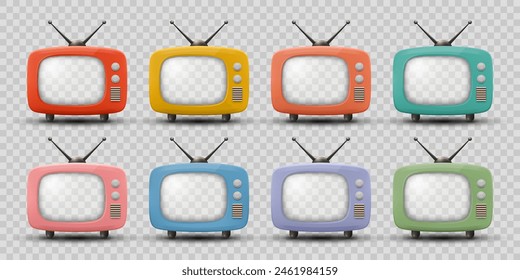 Vector 3d Vintage TV Set Icon Set. Retro TV Icons with Transparent Screen, Design Template, Clipart. Retro TV Symbol for Web, Logo, App, UI