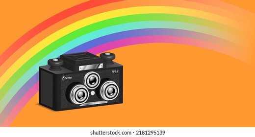 Vector 3d vintage volumetric stereo camera from the 60s on an orange isolated background. Rainbow and retro photo equipment