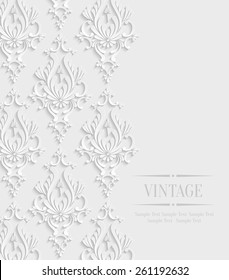 Vector 3d Vintage Wedding or Invitation Card with Floral Damask Pattern