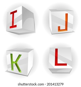 Vector 3D volume alphabet with shiny red, green and orange letters in paper cubes,letters I,J,K,L