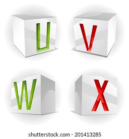Vector 3D volume alphabet with shiny red, green and orange letters in paper cubes,letters U,V,W,X
