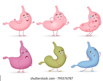 Vector 3d volumetric emoji face stomach. Cute funny belly stomack expressions and emotions set