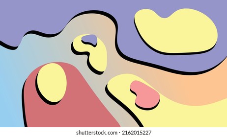 Vector 3D wallpaper in pastel colors. Yellow, red and blue. Black shading. Four islands with another layer at the top. Fill in the color between the islands.