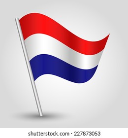 vector 3d waving dutch flag on pole - national symbol of Netherland with inclined metal stick