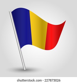 vector 3d waving romanian flag on pole - national symbol of Romania with inclined metal stick