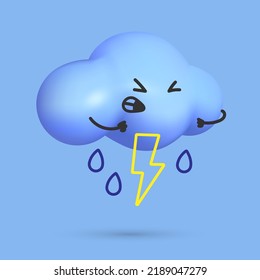 Icono del clima vectorial 3d, nube azul con la mano ahogado relámpago amarillo brillante, trueno y empujando emoji, sonrisa furiosa. Ilustración vectorial para postal, banner, web, diseño, artes.