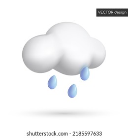 Vector 3d weather icon isolated on white background. White cloud with shadow and highlight, three blue drops of rain. Vector illustration for postcard, banner, web, design, arts.