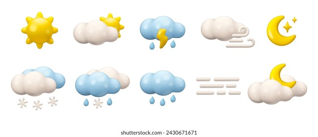 Vector 3d conjunto de iconos del tiempo. Ilustración de renderizado de dibujos animados aislado sobre fondo blanco. Sol, nubes, luna y lluvia. Emblema de día nevado o nebuloso