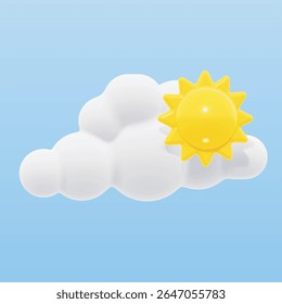 Vector 3D weather icon showing the sun in front of cloud. Rendered in a soft, glossy cartoon style with vibrant yellow. Isolated on a white background.