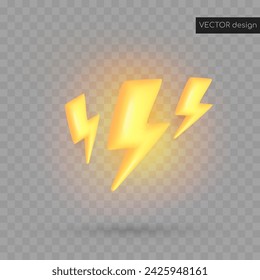 Vector 3d weather icons. highlight, three yellow glowing lightning bolt, thunder. Vector illustration for postcard, banner, web, design, arts