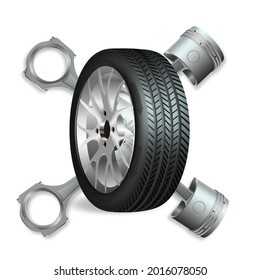 Vector 3D, wheel with pistons isolated on white background.