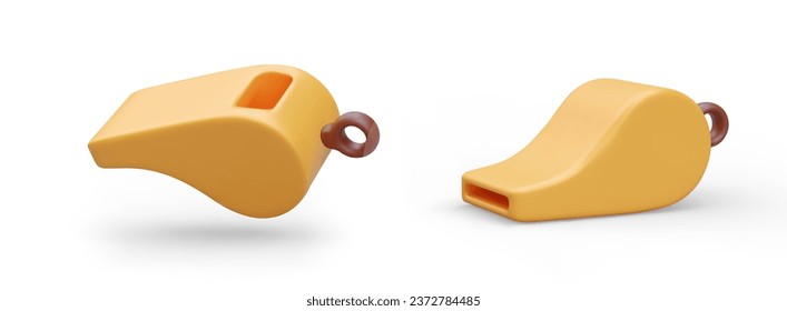 Vector 3D whistle, view from different sides. Isolated image on white background. Accessory for sound signal. Notification of start, end of action. Referee item