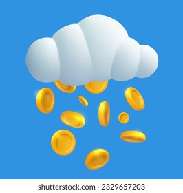 Vector 3d white cloud with falling golden coins in cartoon realistic style. Bright business concept design. Creative financial composition. Beautiful render illustration.