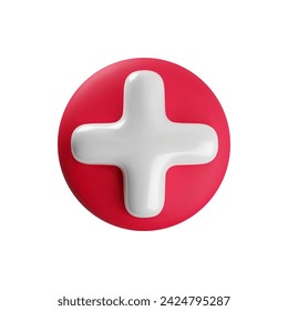 Vector 3d white cross in red circle realistic icon. Trendy plastic medical sign on white background. 3d render plus mark button for web, app, design