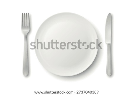 Vector 3d White Empty Plate with Fork and Knife. Table Setting Top View. Minimal Dinnerware Mockup for Restaurant Menu. Clean Ceramic Dish and Silver Cutlery. Dining Place Setting Isolated
