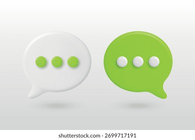 Vektor 3D Weiß und Grün Chat Blasen. Sprechblasen mit Punkten. Modernes Messenger-Symbol, Kommunikationssymbol, Chat-App-UI-Element, Vorlage für Nachrichtendesign in sozialen Medien