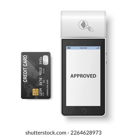 Vector 3d White NFC Payment Machine, Approved Status and Credit Card Isolated. Wi-fi, Wireless Payment. POS Terminal, Machine Design Template of Bank Payment Contactless Terminal, Mockup. Top VIew