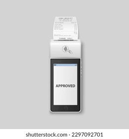 Vector 3d White NFC Payment Machine with Approved Status and Paper Receipt, Bill. Wi-fi, Wireless Payment. POS Terminal, Machine Design Template of Bank Payment Contactless Terminal, Mockup. Top View