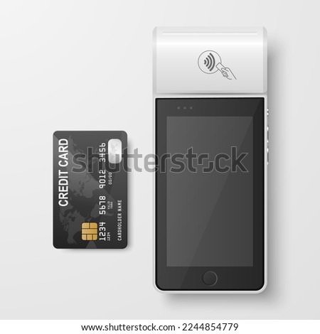 Vector 3d White NFC Payment Machine and Credit Card Isolated. Wi-fi, Wireless Payment. POS Terminal, Machine Design Template of Bank Payment Contactless Terminal, Mockup. Top VIew