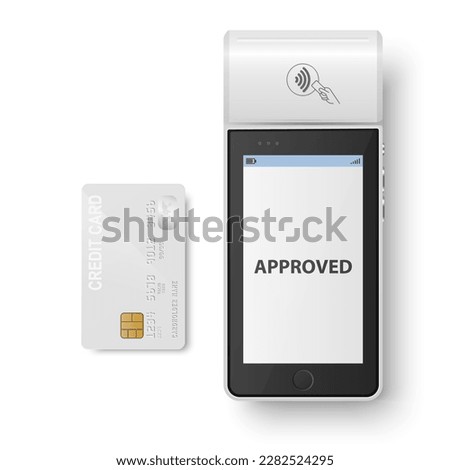 Vector 3d White NFC Payment Machine with Approved Status and White Credit Card. Wi-fi, Wireless Payment. POS Terminal, Machine Design Template of Bank Payment Contactless Terminal, Mockup. Top View
