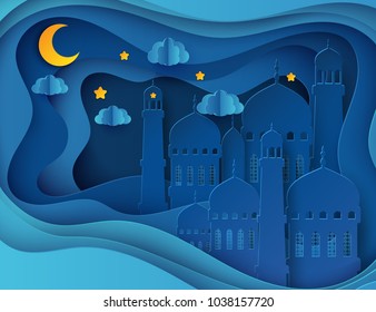 Vector 3D white paper mosque. Ramadan Kareem greeting card with arabic origami mosque, waves, clouds, stars, moon. Holy month of muslim. Islamic ramadan celebration vector background