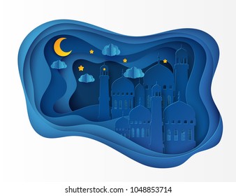 Vector 3D white paper mosque. Ramadan Kareem greeting card with arabic origami mosque, waves, clouds, stars, moon. Holy month of muslim. Islamic ramadan celebration vector background