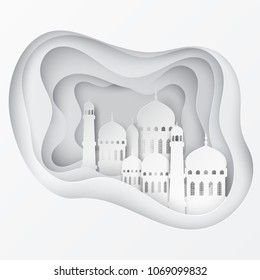 Vector 3D white paper mosque. Ramadan Kareem greeting card with arabic origami mosque. Holy month of muslim. Symbol of Islam. Islamic ramadan celebration vector background