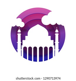 Vector 3D white paper mosque.Holy month of muslim. Ramadan Kareem greeting card with arabic origami mosque. Islamic ramadan celebration vector background 