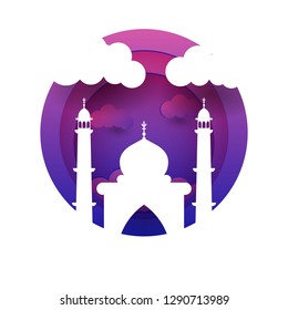 Vector 3D white paper mosque.Holy month of muslim. Ramadan Kareem greeting card with arabic origami mosque. Islamic ramadan celebration vector background 