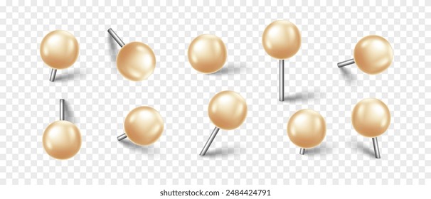 Vector 3D white pin with shadow isolated on transparent background. Set of realistic plastic round thumbtack in different angles.